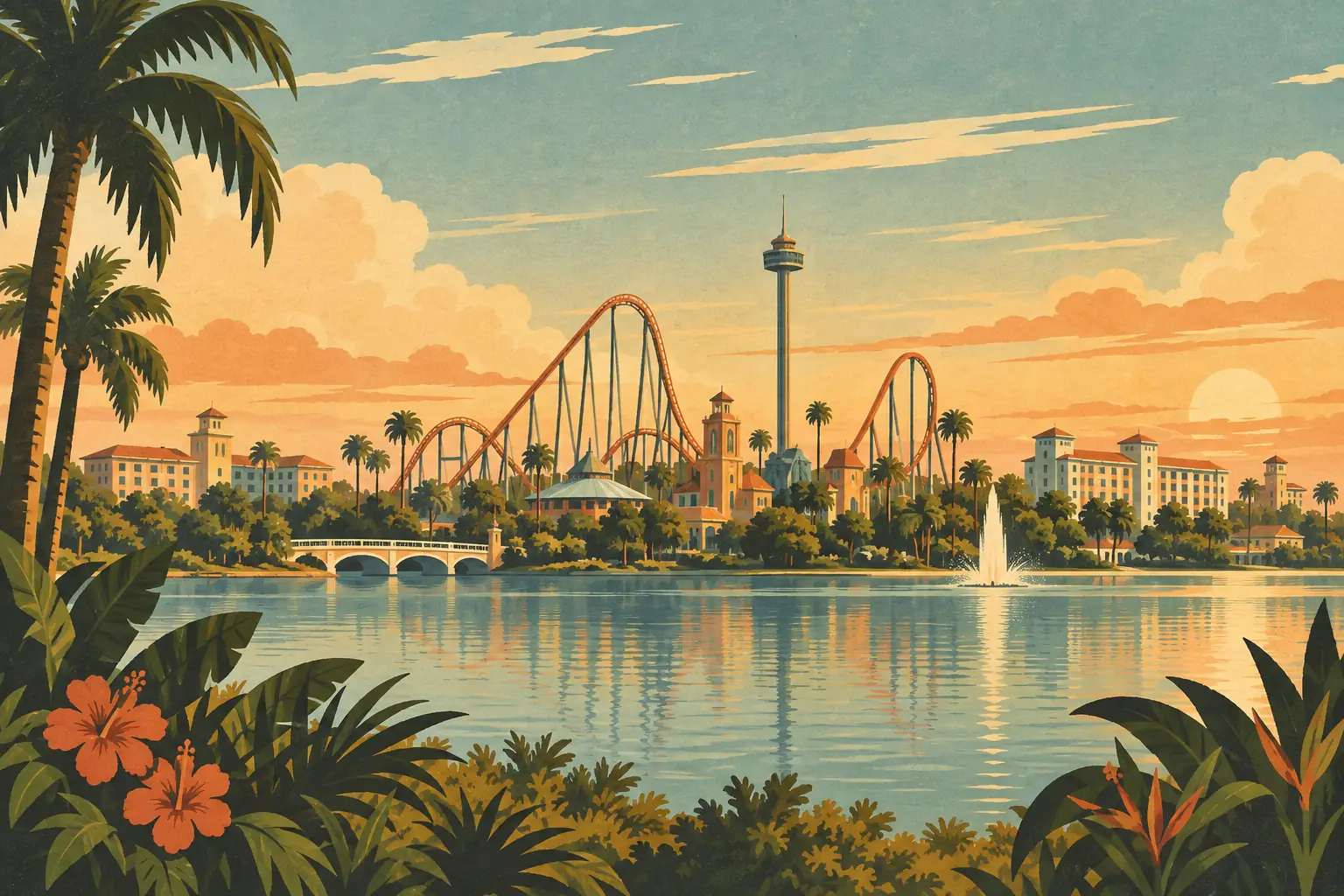 Parc d’attractions en Floride avec montagnes russes, tour panoramique, palmiers et fontaine au bord d’un lac