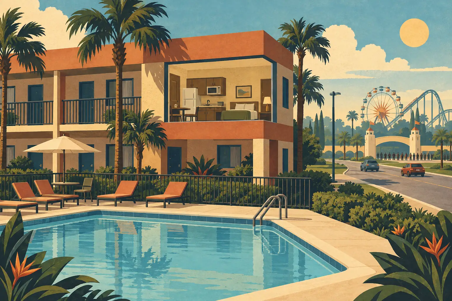 Piscine devant un hôtel bordé de palmiers, avec une chambre ouverte et un parc d’attractions visible au loin