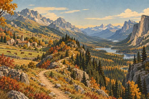 Un sentier rocheux traverse une vallée d’automne, entre un village alpin, des lacs, des sapins et de hauts sommets