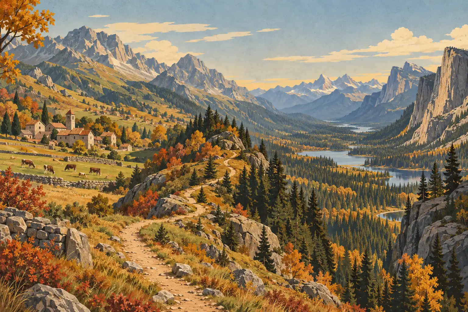 Un sentier rocheux traverse une vallée d’automne, entre un village alpin, des lacs, des sapins et de hauts sommets