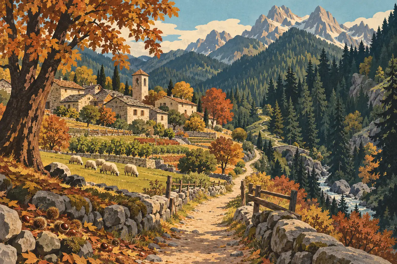 Village de pierre en automne, entouré de pâturages, moutons et sapins, avec un sentier vers de hautes montagnes