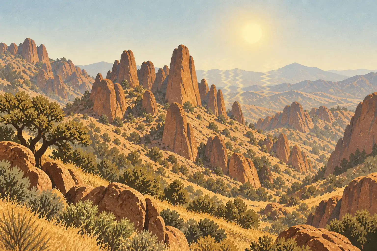 Paysage aride de pics rocheux orangés, parsemé d’arbustes, sous un soleil voilé au-dessus des montagnes