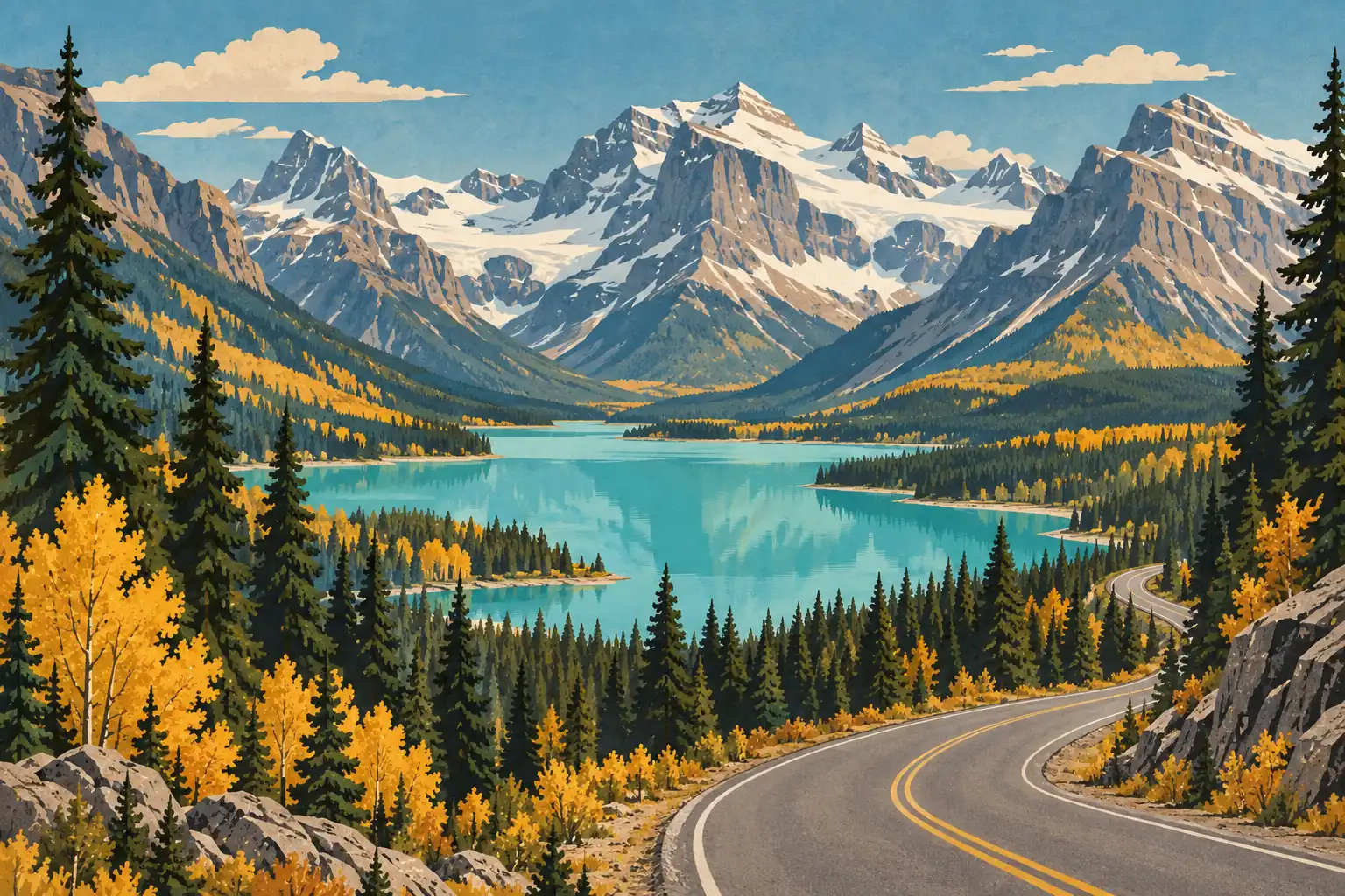 Route sinueuse bordée de conifères et de feuillages dorés, longeant un lac turquoise sous de hauts sommets enneigés