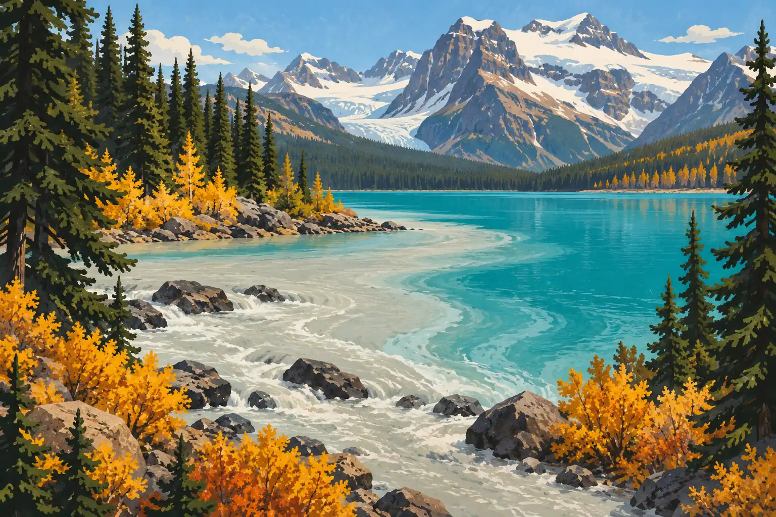 Lac turquoise bordé de sapins et de feuillages jaunes, face à de hauts sommets enneigés et des glaciers