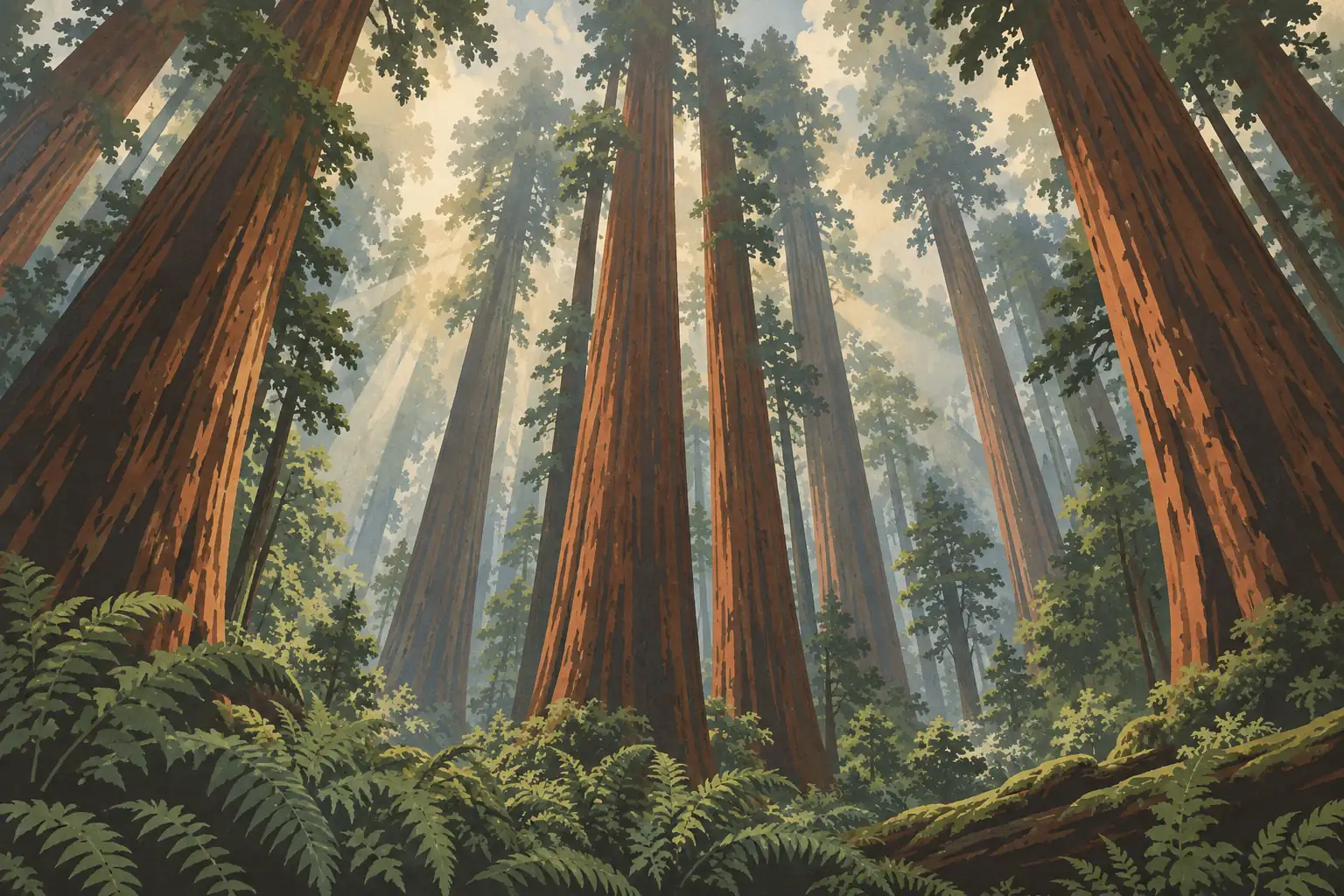 Upward view of giant redwoods, with ferns covering the forest floor and sunlight streaming through the canopy