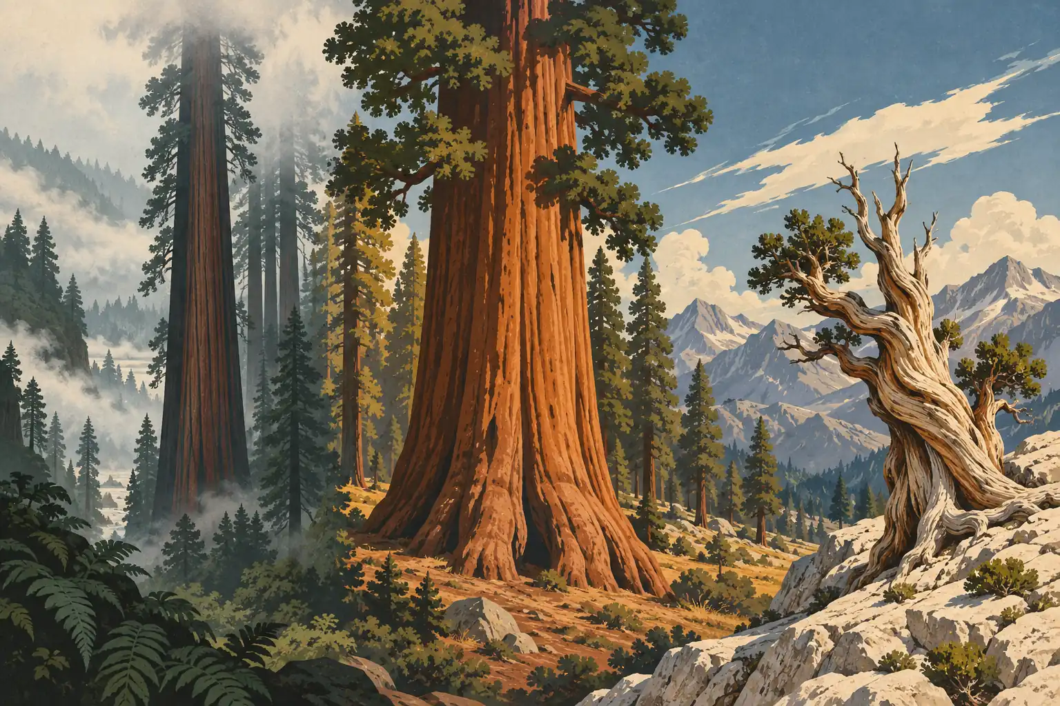 Three giant trees tower over a conifer forest, amid drifting mist, pale rocks and snow-streaked mountains in the distance