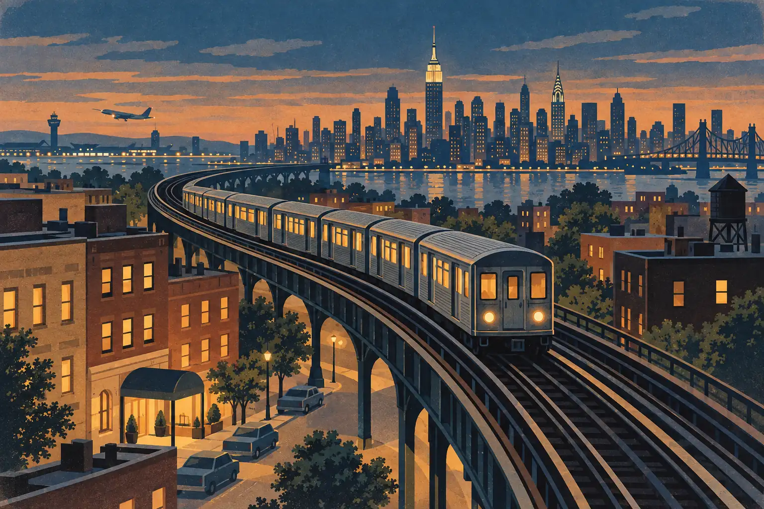Un métro aérien traverse un quartier au crépuscule, face aux gratte-ciel de Manhattan, avec un avion et un pont au loin