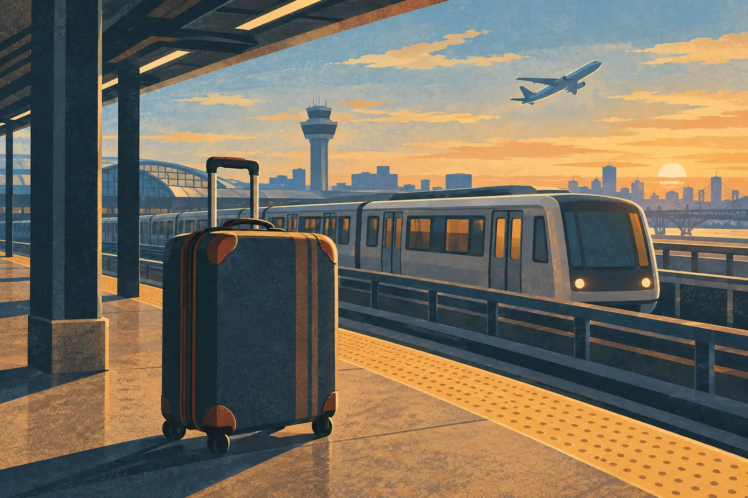 Une valise à roulettes sur un quai d’aéroport, devant une navette, une tour de contrôle, un avion et la ville au coucher du soleil
