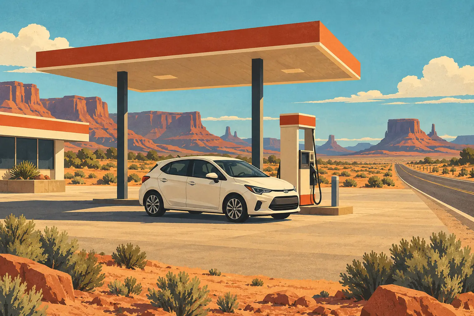 Une voiture blanche à une pompe à essence sous un auvent, avec une route et des mesas désertiques au loin