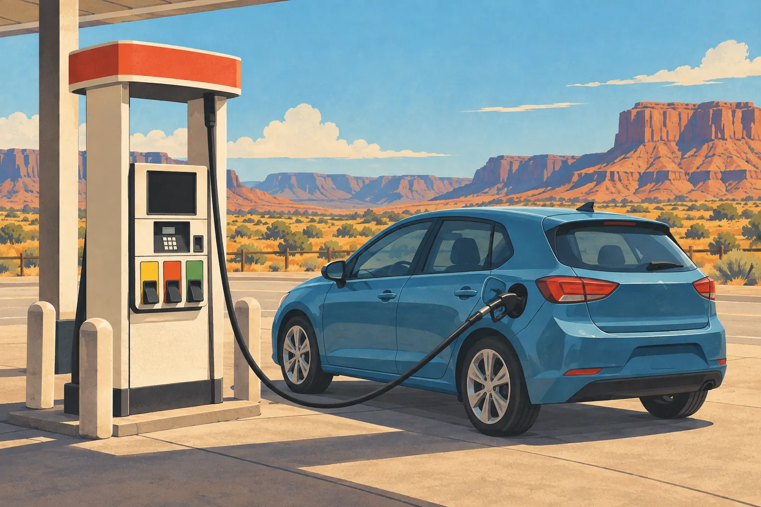 Une voiture bleue fait le plein à une pompe à essence, devant un vaste paysage désertique de mesas orangées