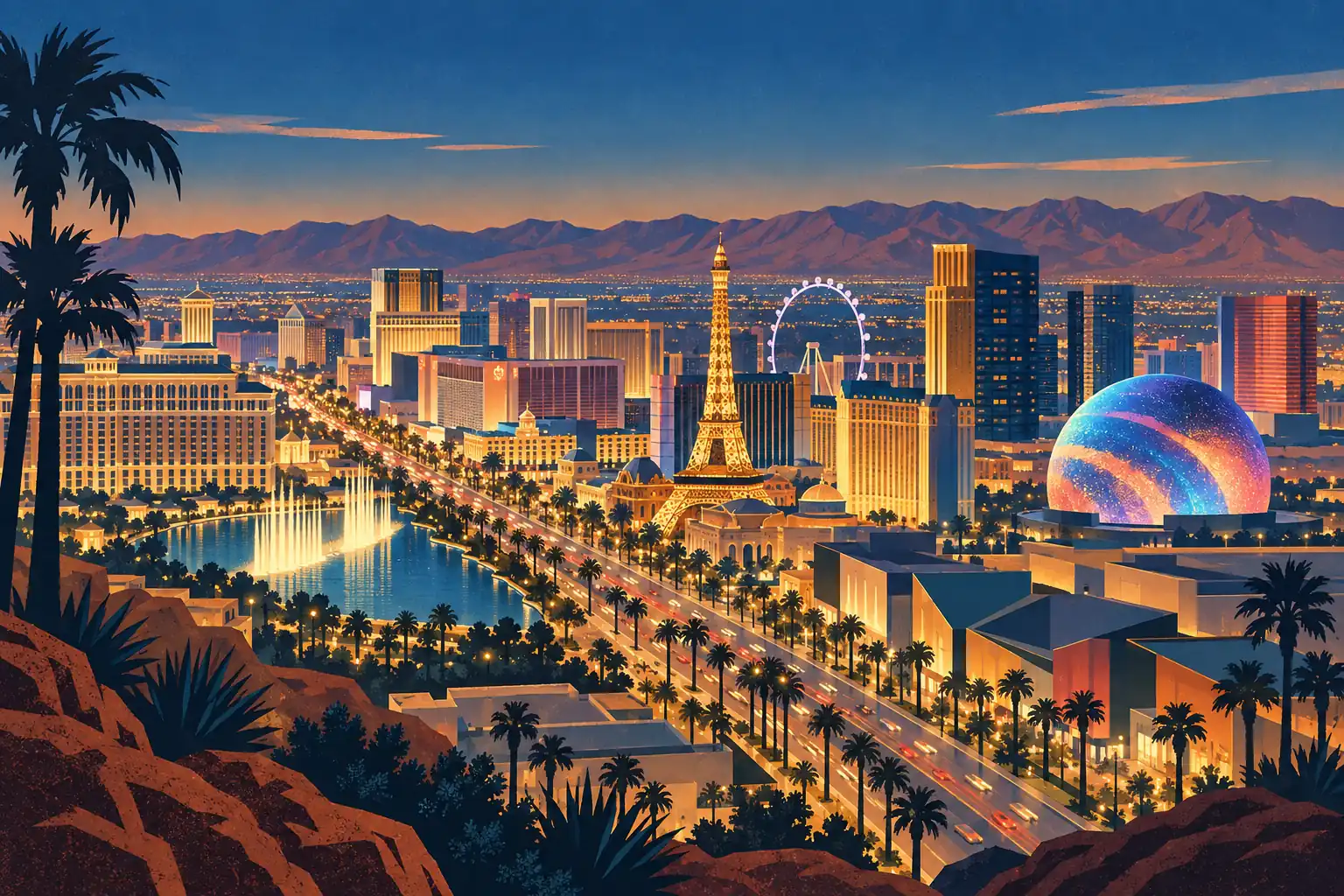 Vue panoramique du Strip de Las Vegas au crépuscule, avec hôtels illuminés, tour Eiffel, grande roue et sphère