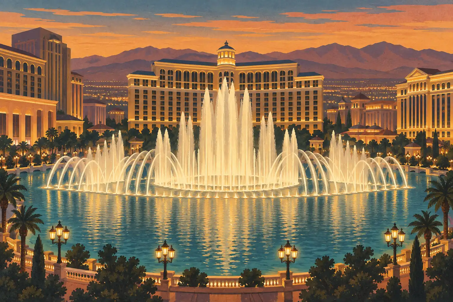 Fontaines illuminées jaillissant devant un grand hôtel de Las Vegas, avec palmiers et montagnes au coucher du soleil