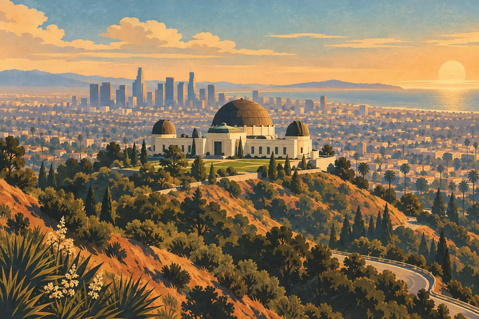 Observatoire Griffith sur une colline boisée, avec les gratte-ciel de Los Angeles, les montagnes et le soleil couchant