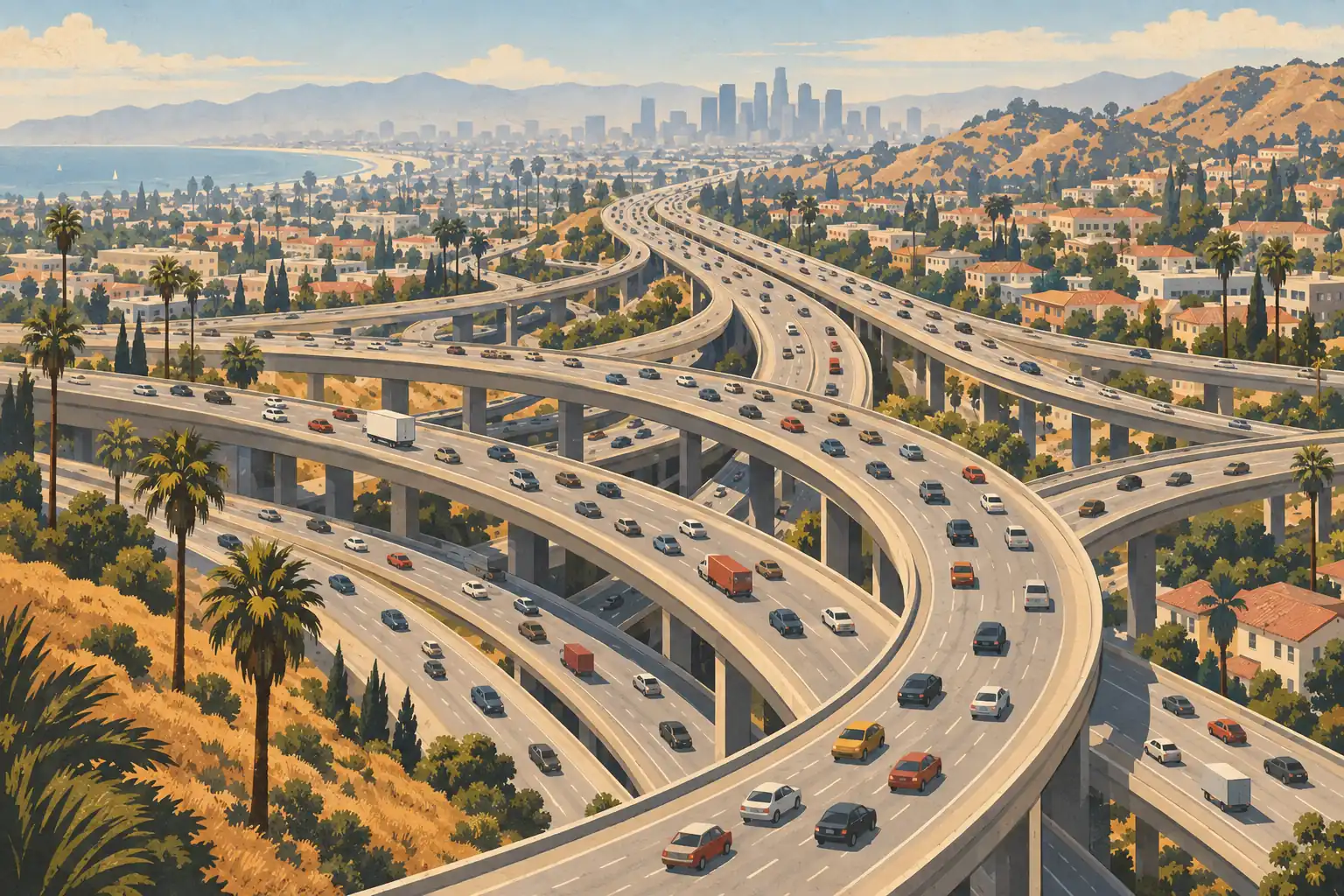 Échangeur autoroutier à plusieurs niveaux traversant Los Angeles, avec voitures, palmiers, collines et gratte-ciel au loin