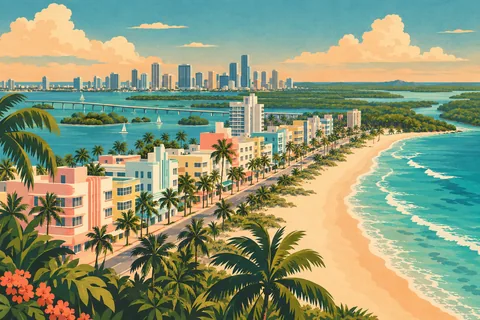 Vue aérienne de Miami Beach, avec hôtels pastel, palmiers, plage, mer turquoise, pont et gratte-ciel au loin