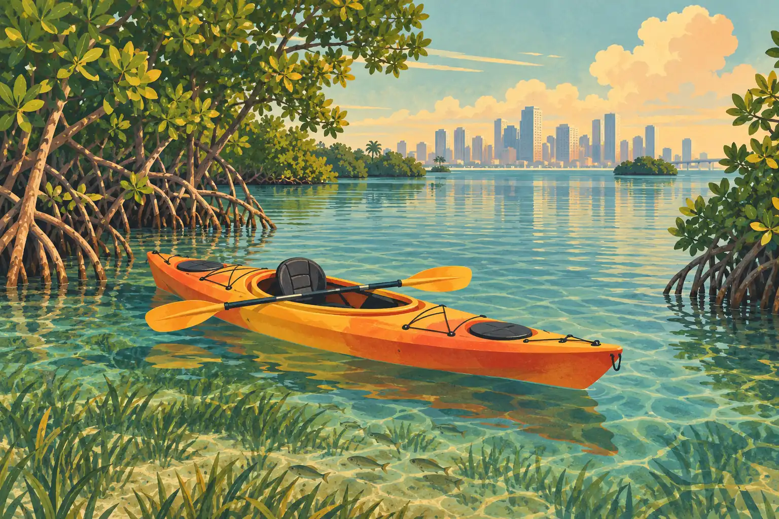 Un kayak orange flotte dans une eau claire bordée de mangroves, avec la silhouette de Miami à l’horizon