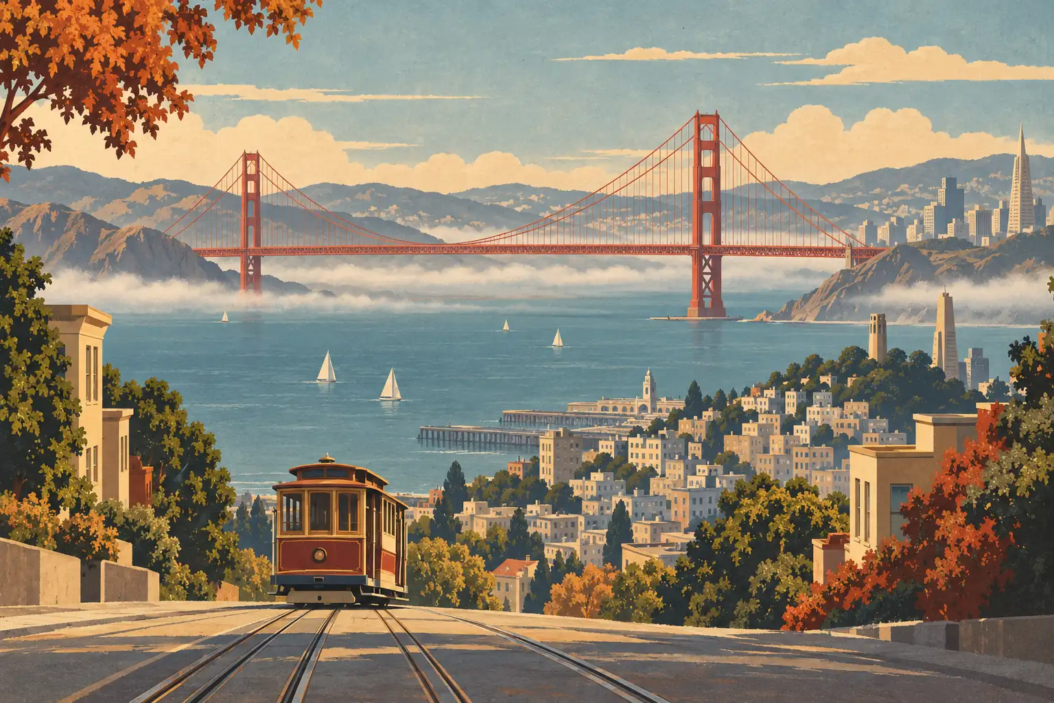 Un tramway rouge descend une rue de San Francisco vers la baie, avec le Golden Gate et la ville au loin
