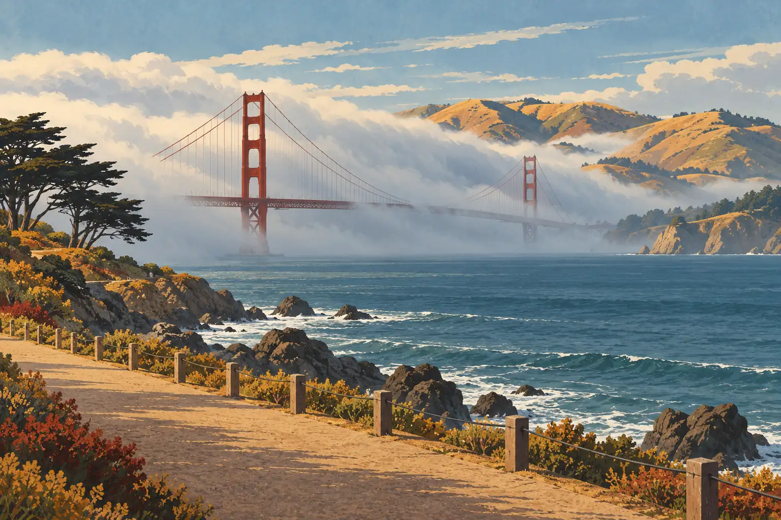 Le Golden Gate Bridge traverse la brume entre la baie agitée et des collines dorées, vu depuis un sentier côtier fleuri