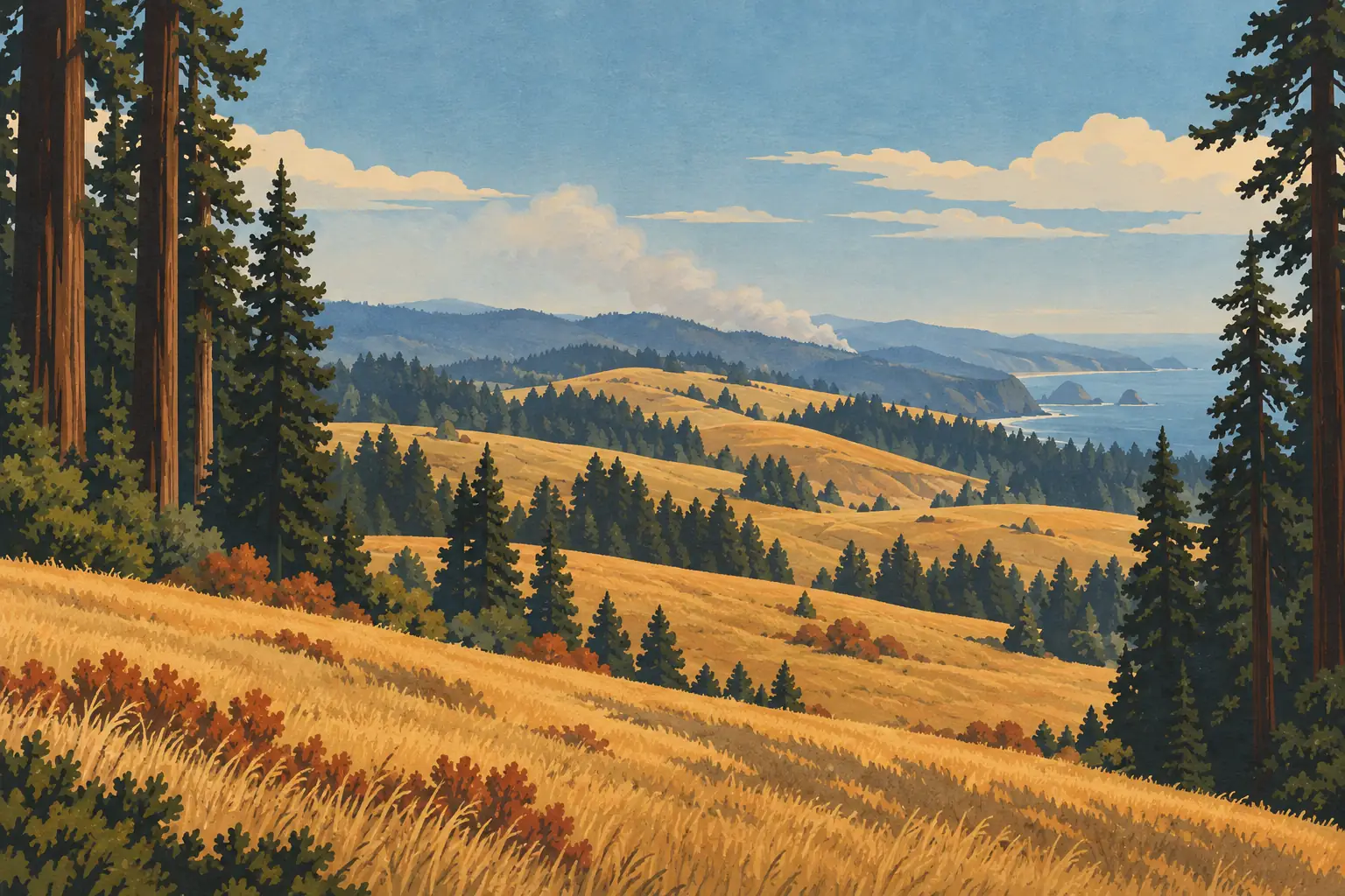 Collines dorées parsemées de conifères, encadrées de grands séquoias, avec fumée au loin et côte océanique