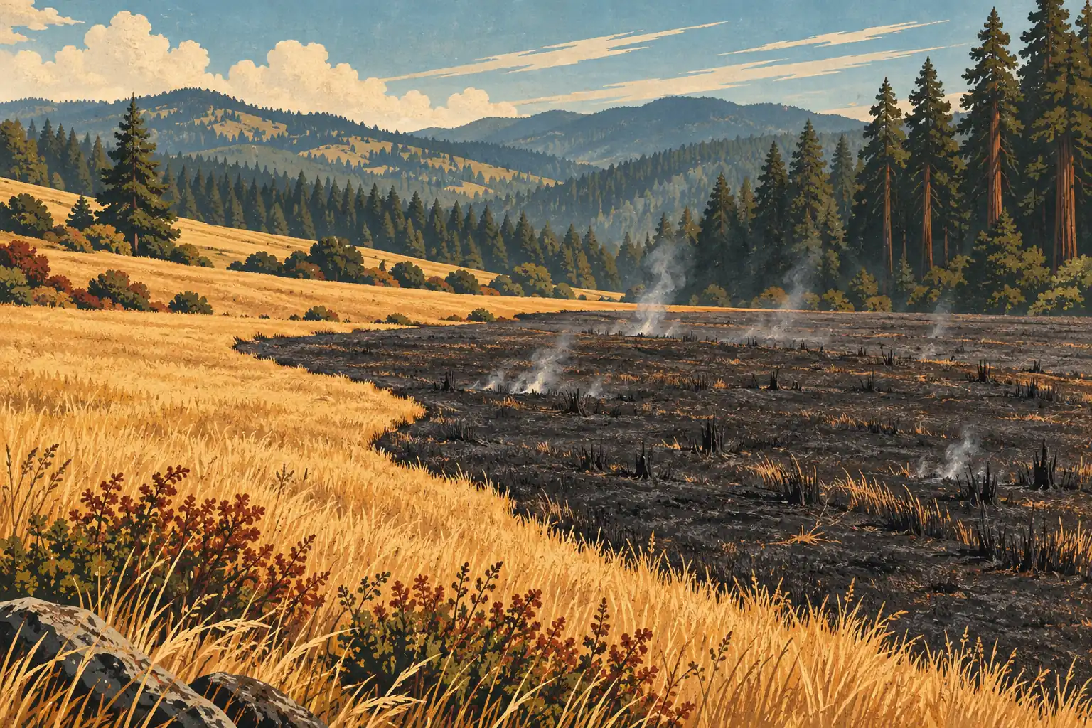 Prairie dorée bordant une vaste zone noircie encore fumante, devant des collines couvertes de conifères