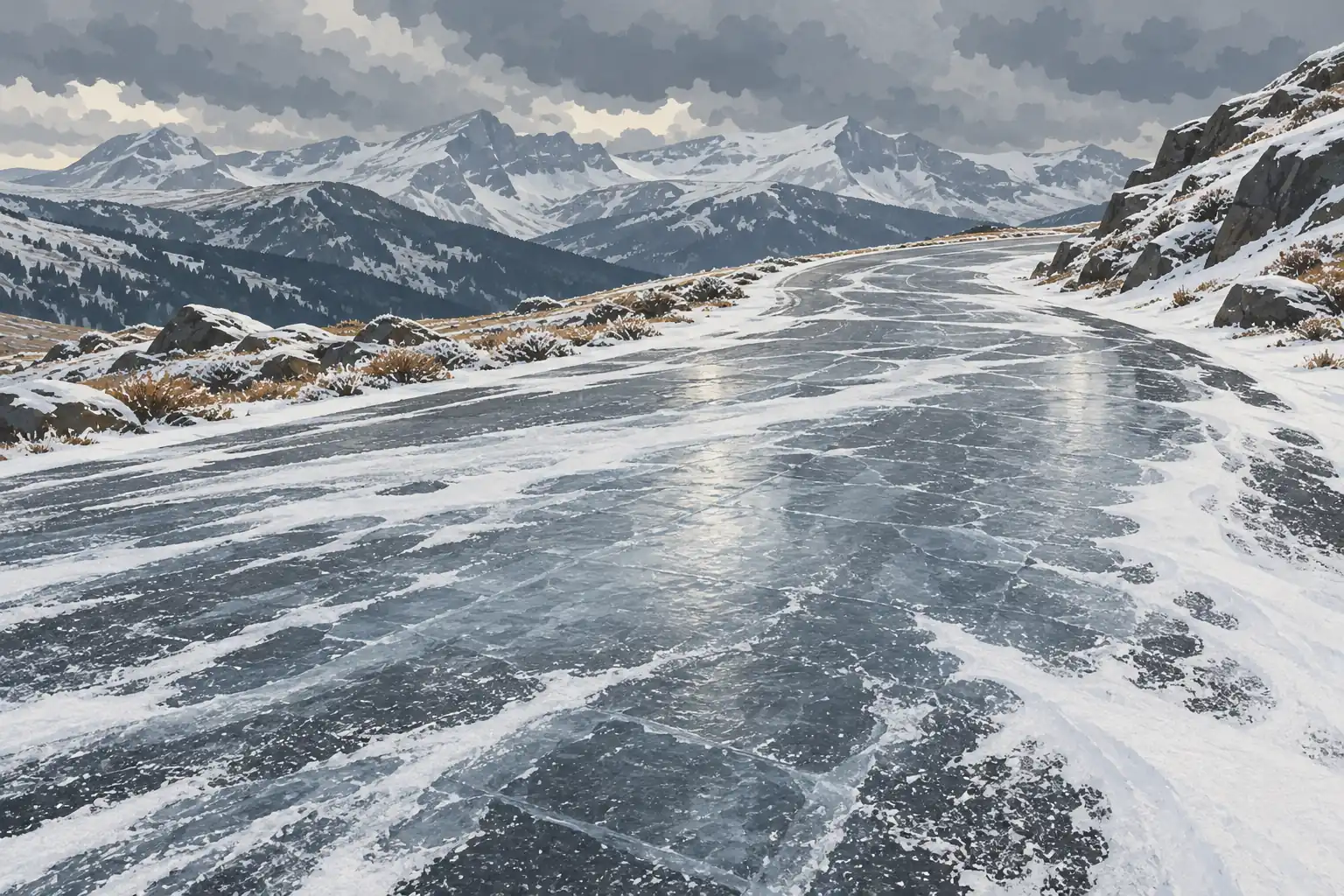 Verschneite und vereiste Bergstraße, die zwischen felsigen Hängen zu hohen Gipfeln unter bewölktem Himmel führt
