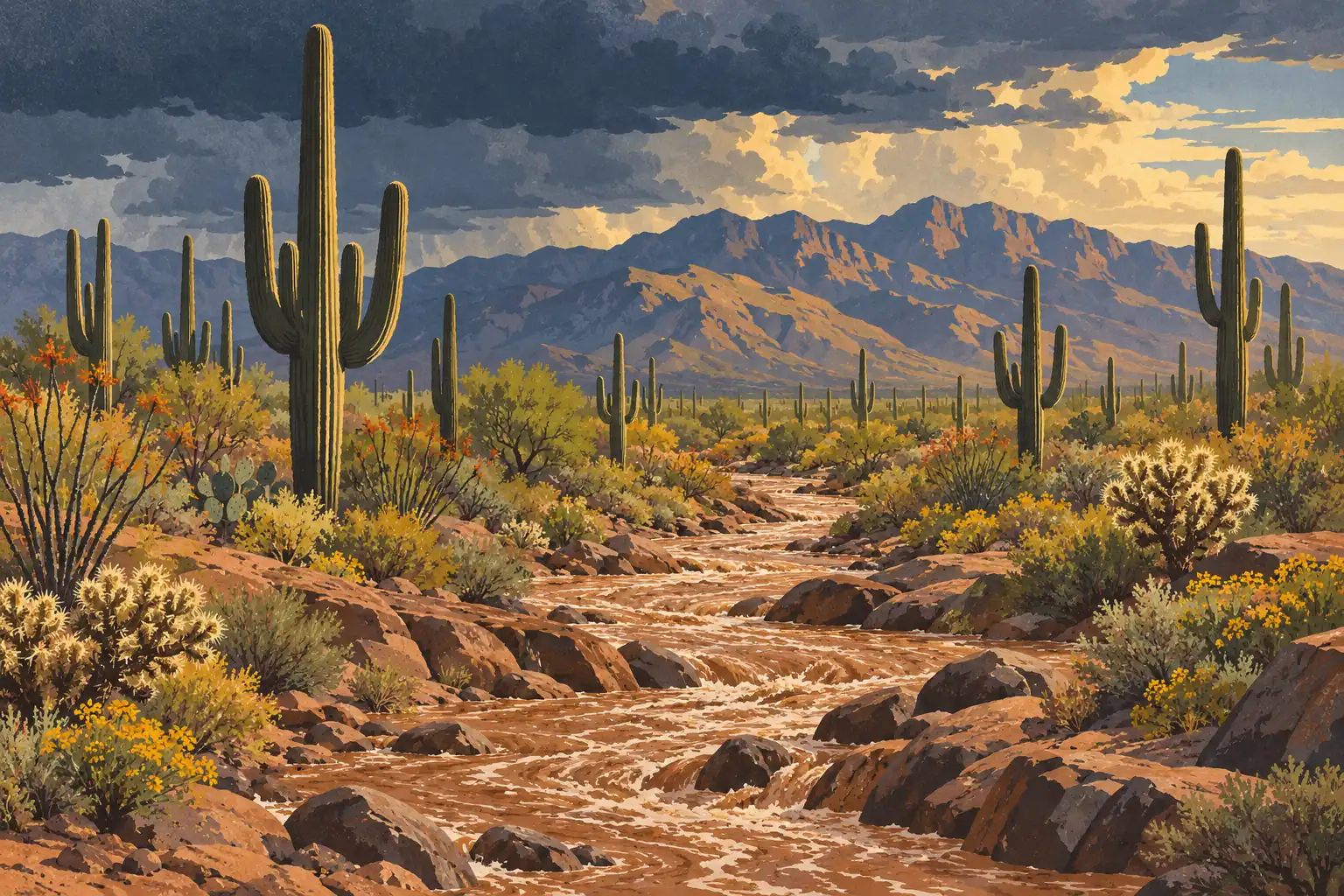 Crue boueuse serpentant entre rochers, cactus saguaros et fleurs du désert sous de lourds nuages d’orage
