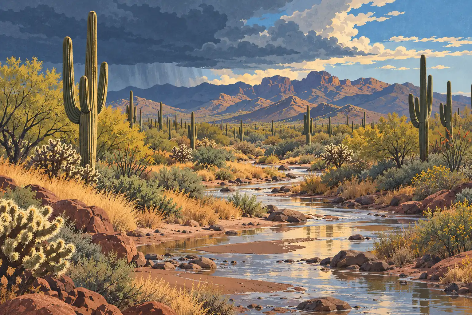 Des saguaros bordent un ruisseau traversant le désert, sous de sombres nuages d’orage devant des montagnes