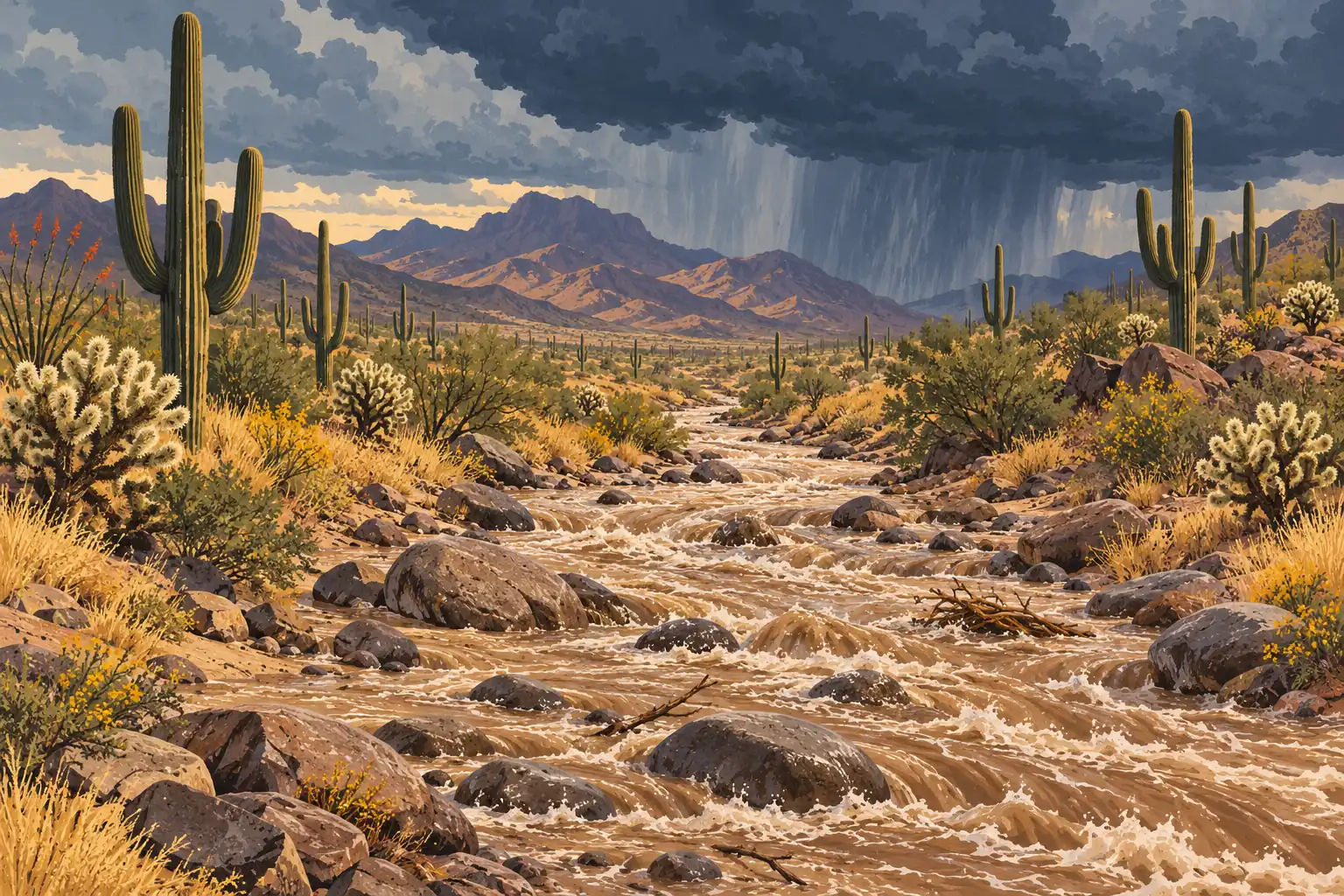 Torrent boueux entre rochers et cactus saguaros dans le désert, sous de sombres nuages d’orage et un rideau de pluie