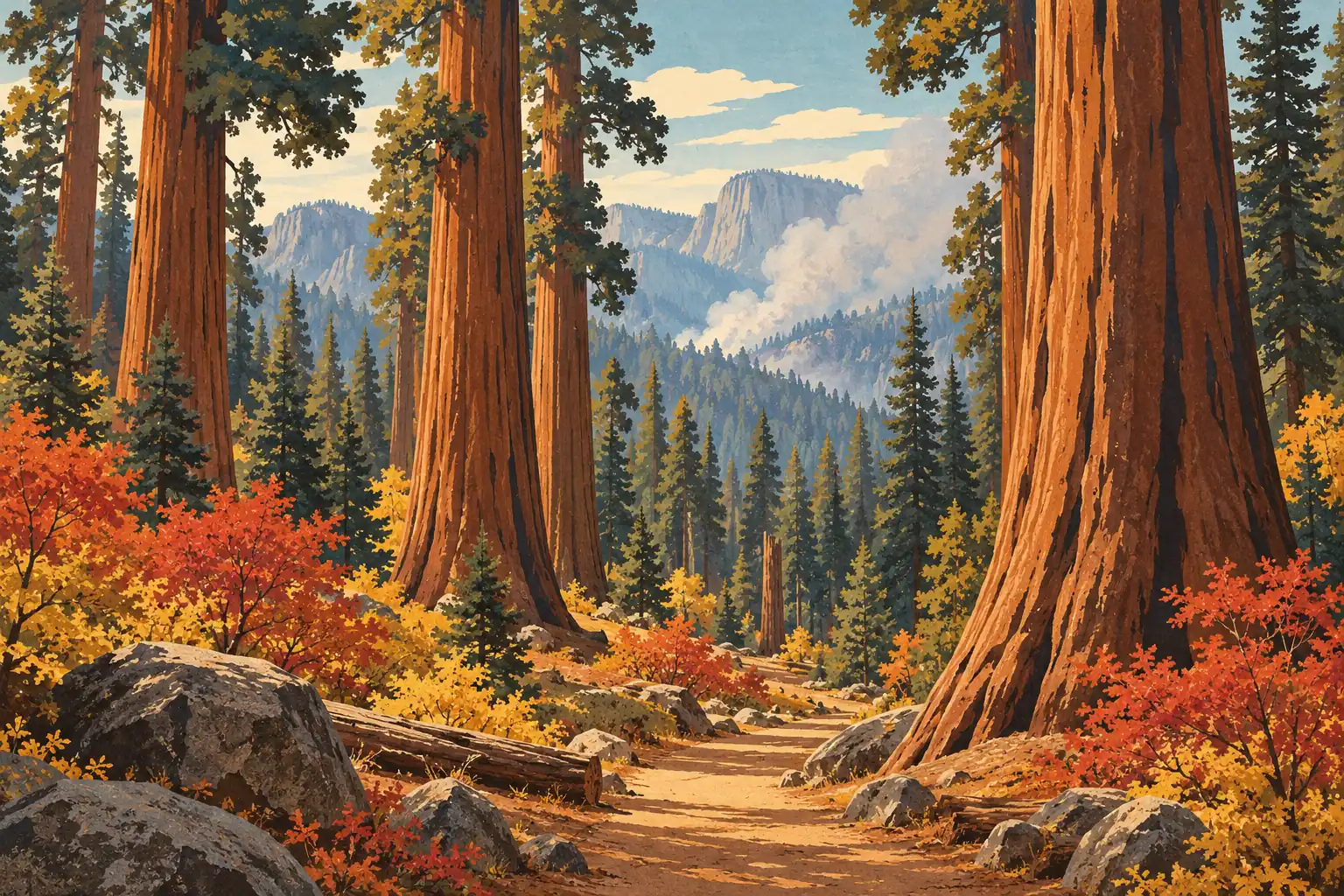 Sentier bordé de séquoias géants, de rochers et de feuillages d’automne, avec des montagnes et de la fumée au loin