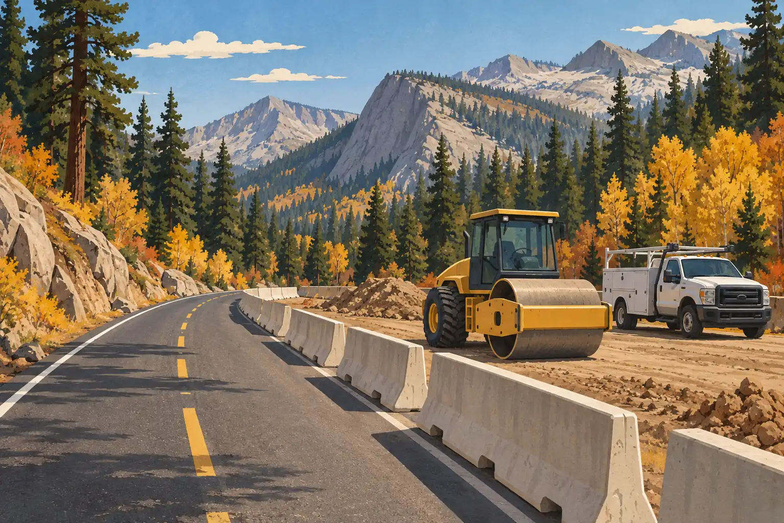 Mountain road under construction with concrete barriers, a road roller and utility truck amid autumn conifers