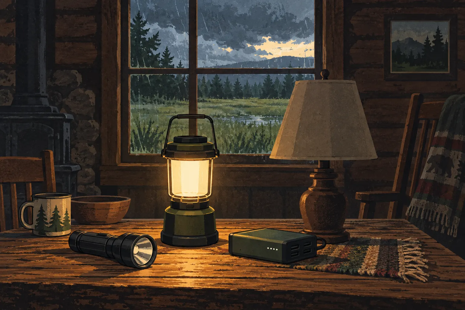 Une lanterne éclaire une table de chalet avec lampe torche et batterie, devant une fenêtre donnant sur un pré sous la pluie