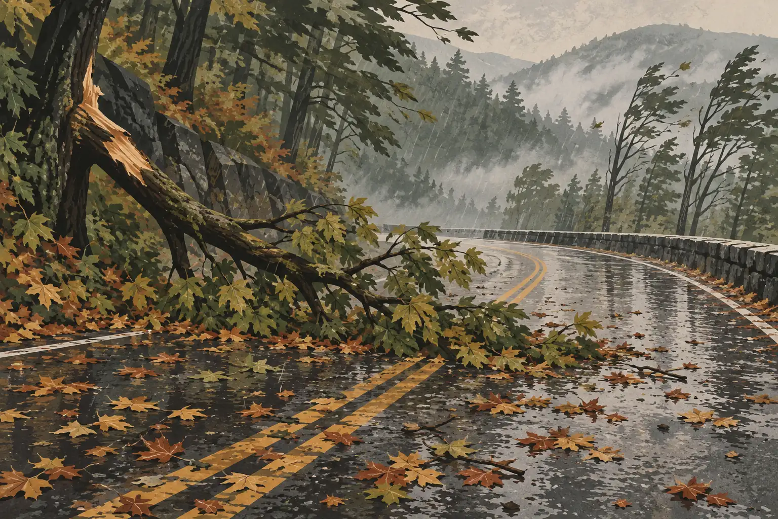 Un grand arbre tombé bloque une route de montagne détrempée, sous la pluie et le vent, parmi les feuilles d’automne