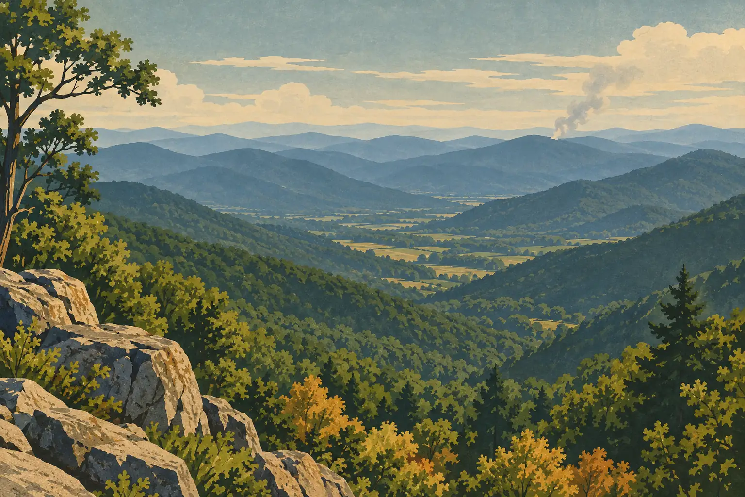 Vallée boisée des Blue Ridge vue depuis des rochers, avec des crêtes successives et un panache de fumée au loin