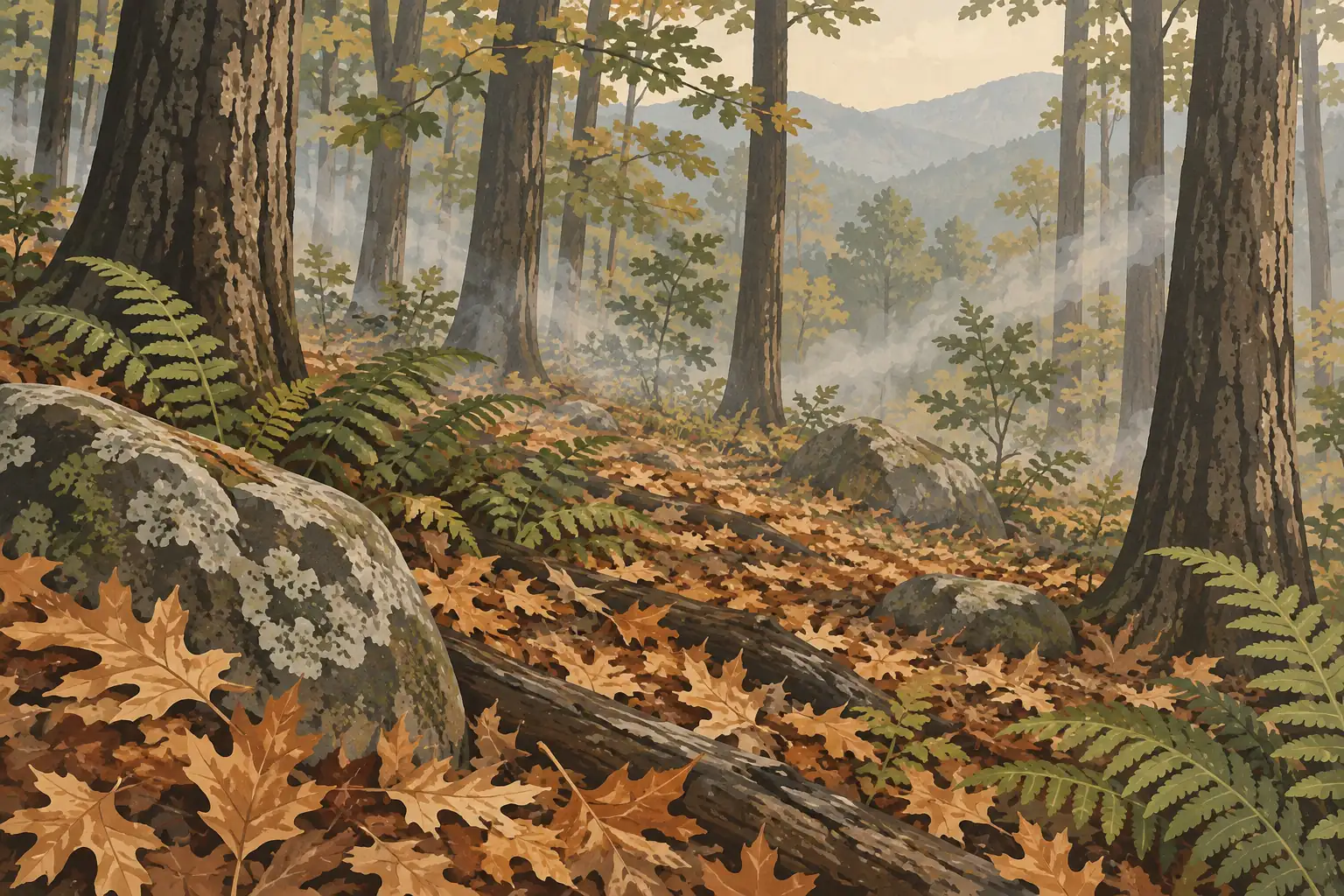 Sous-bois automnal couvert de feuilles, avec fougères, rochers, troncs imposants et brume entre les arbres