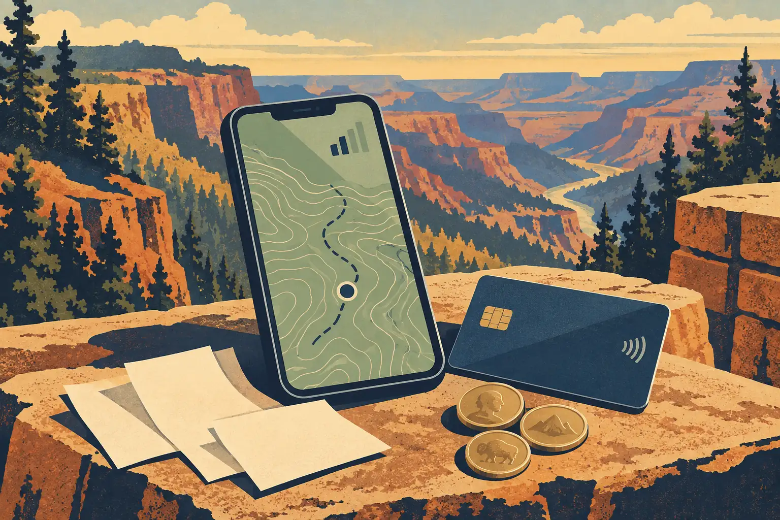 Téléphone affichant une carte, carte bancaire, reçus et pièces posés sur un rocher devant un vaste canyon boisé