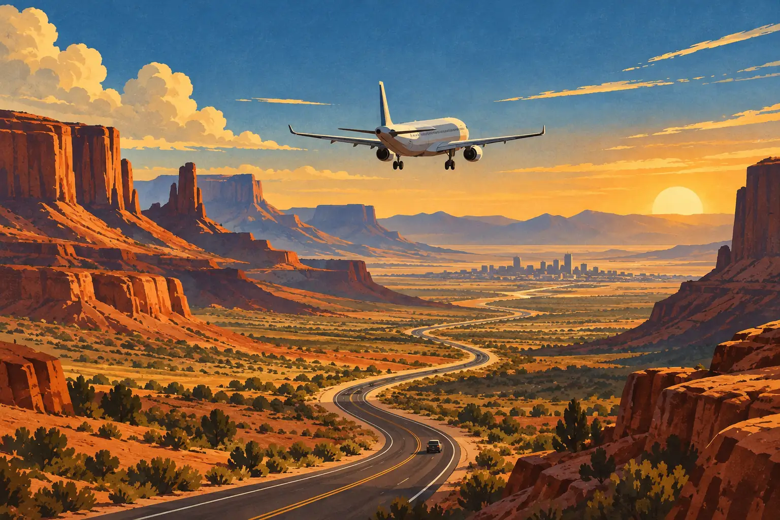 Avion de ligne survolant une route sinueuse dans un désert de mesas rouges, avec une ville et le soleil à l’horizon