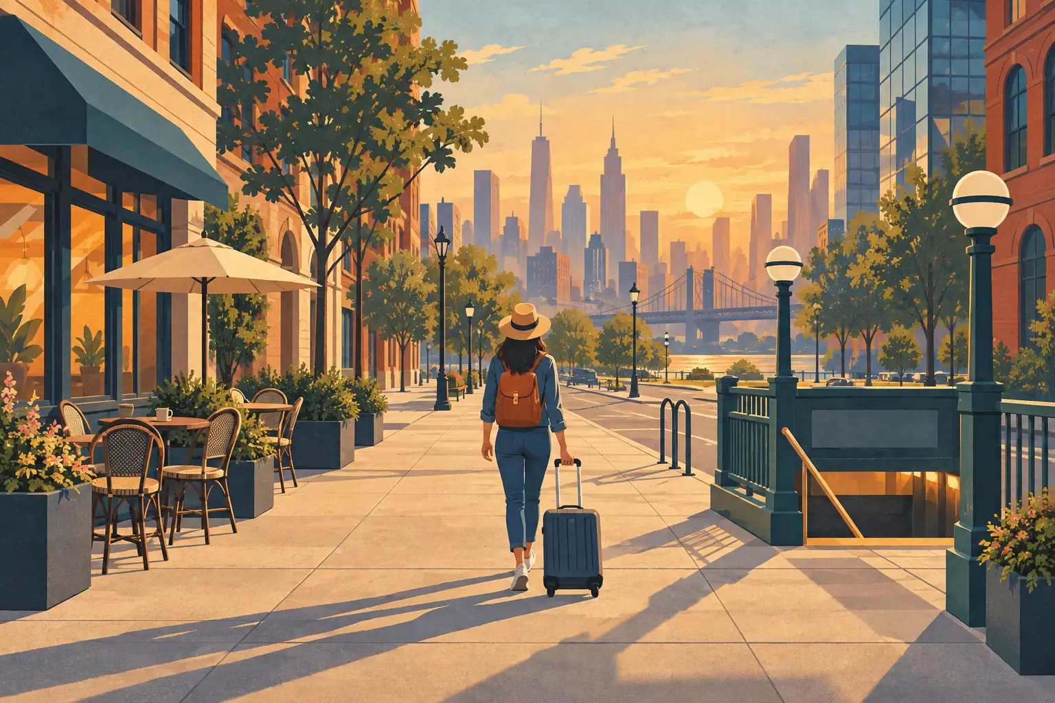 A solo traveler pulls a suitcase along a city waterfront at sunset, toward a skyline and suspension bridge