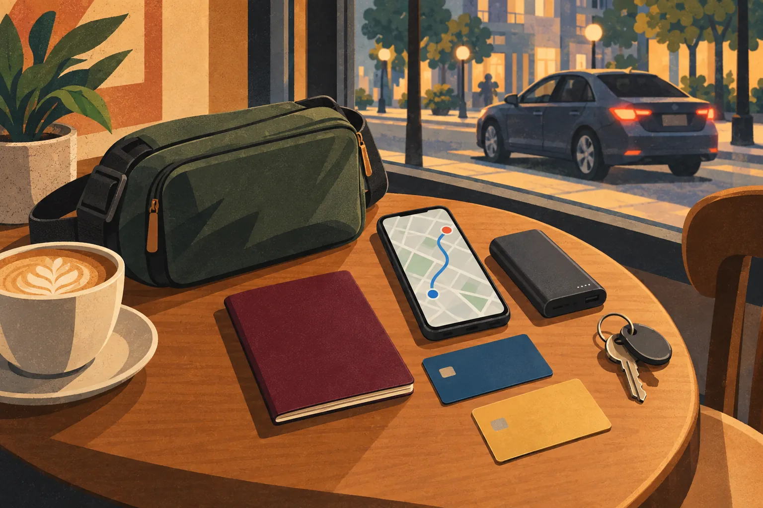 On a café table sit a bag, a phone displaying a route, a power bank, two cards, keys, a notebook and a cup, with a car outside