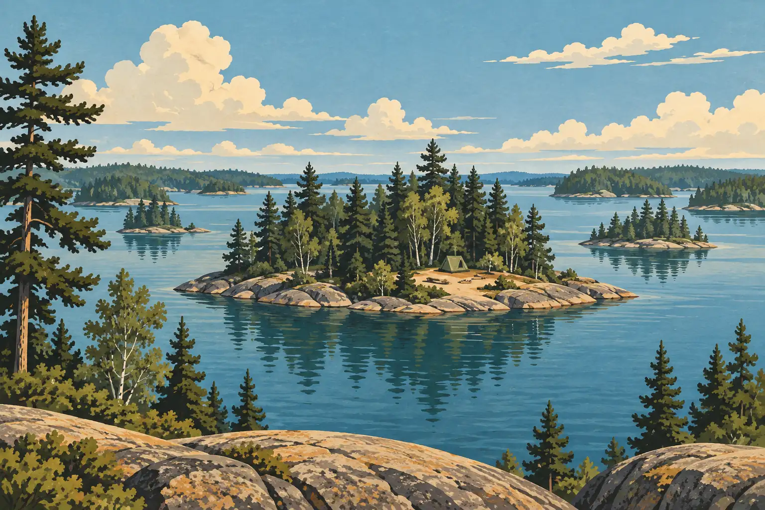 Îlot rocheux couvert de conifères avec une tente, au milieu d’un lac parsemé d’îles sous de grands nuages