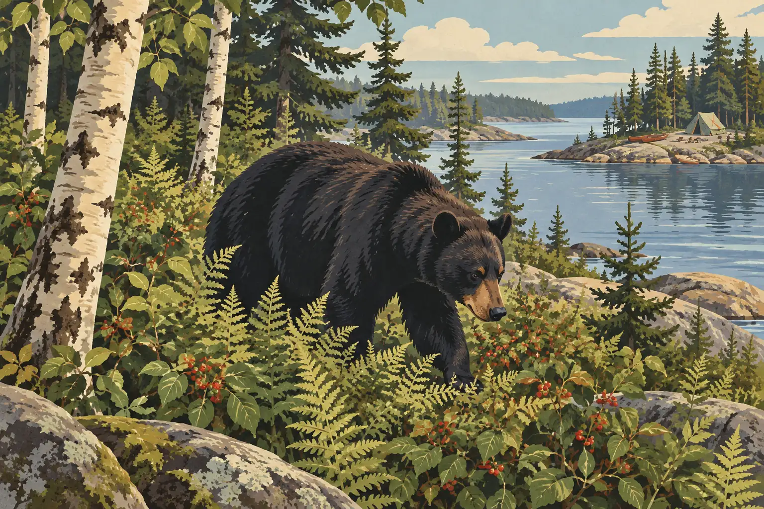 Un ours noir traverse des fougères et des buissons à baies au bord d’un lac, face à un îlot avec tentes et canoës