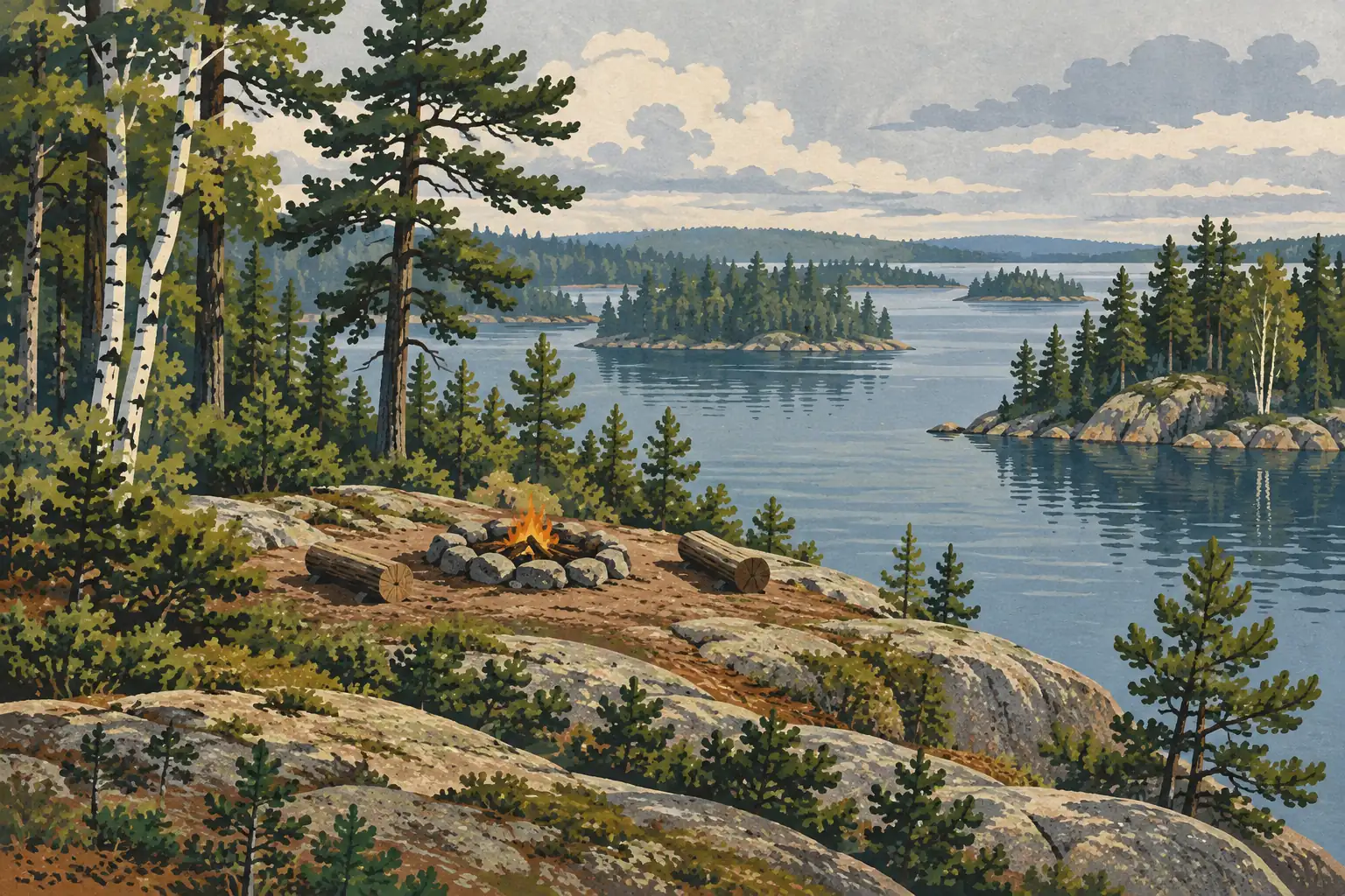 Un feu de camp entouré de rondins brûle sur un promontoire rocheux dominant un lac parsemé d’îles boisées