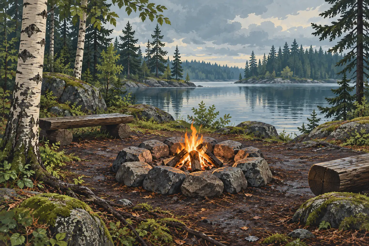 Feu de camp entouré de pierres au bord d’un lac calme, entre des bouleaux, des conifères, des rochers et des bancs en rondins