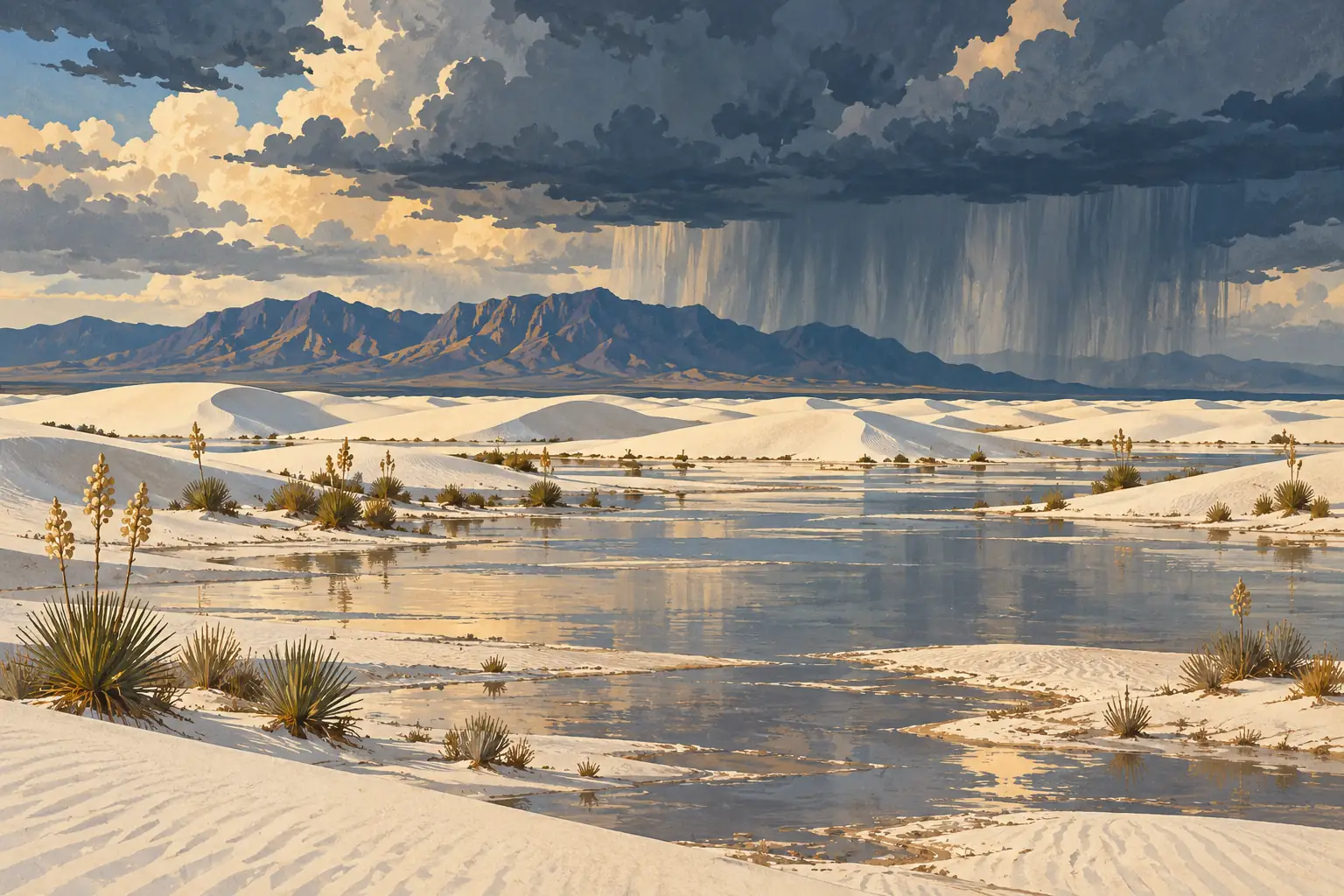 Dunes de sable blanc partiellement inondées, yuccas au premier plan, montagnes sombres et pluie sous de lourds nuages