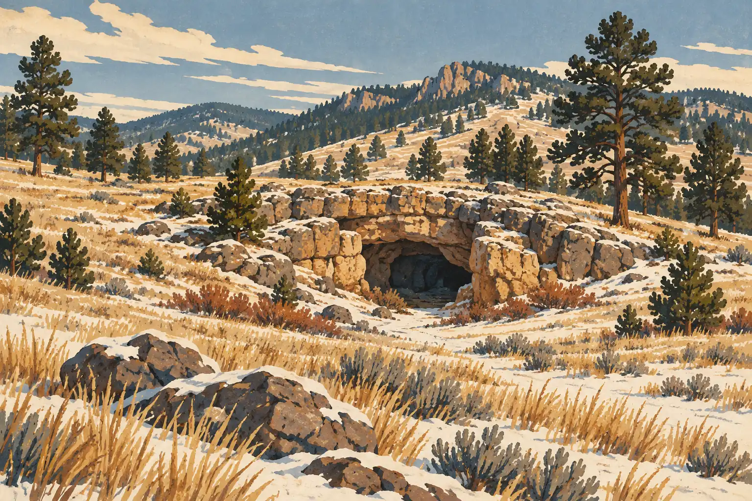 Entrée rocheuse d’une grotte au milieu d’une prairie enneigée, entourée de pins, avec des collines au loin