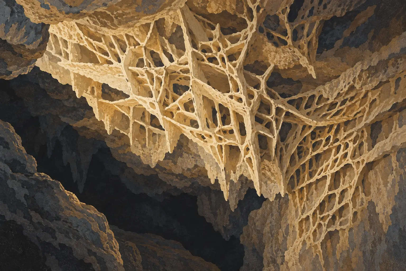 Fines formations minérales beige en réseau alvéolé suspendues au plafond d’une grotte aux parois sombres