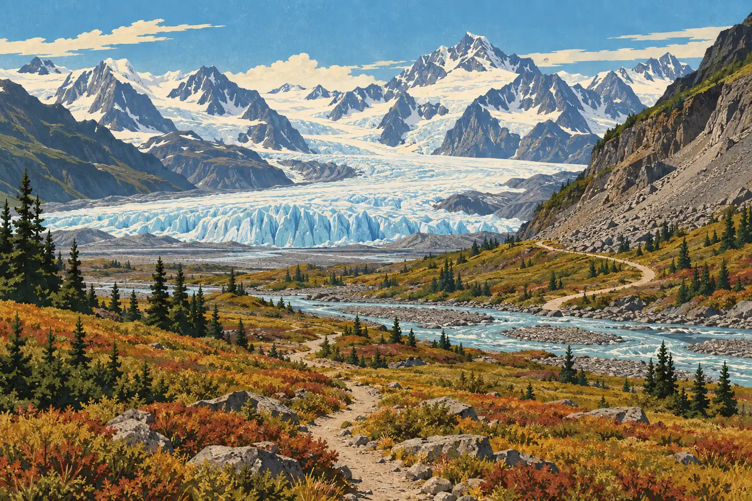 Un sentier traverse la toundra automnale vers une rivière turquoise et un vaste glacier entouré de hauts sommets enneigés