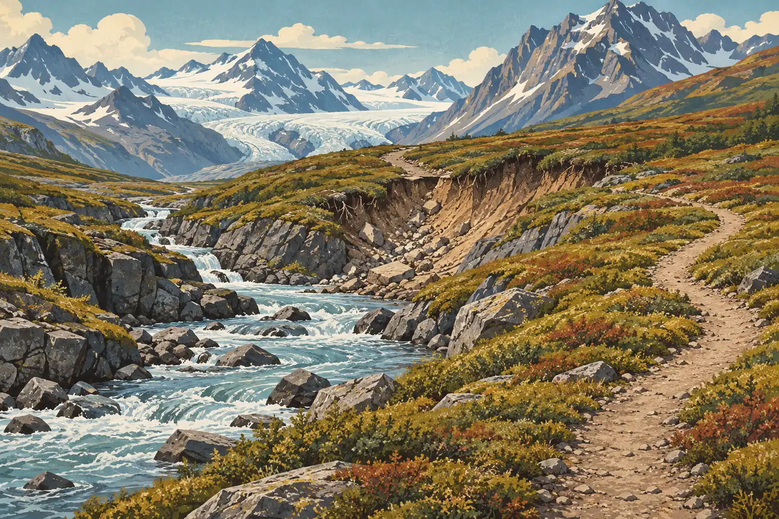 Un sentier longe une rivière turquoise et rocheuse, face à un vaste glacier entouré de hauts sommets enneigés