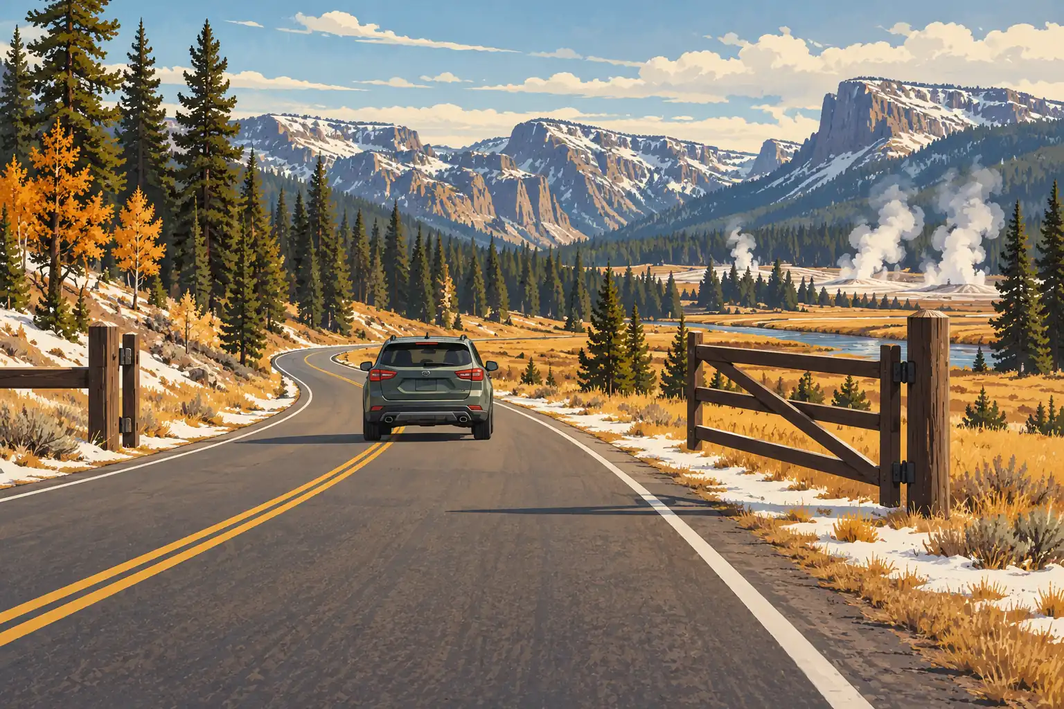 Une voiture roule sur une route entre des pins, des prairies enneigées et des geysers fumants, au pied des montagnes