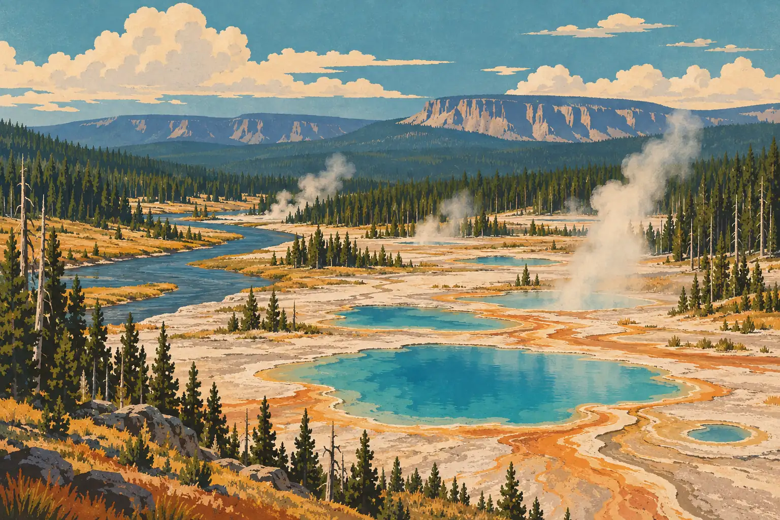 Pozas turquesas y fumarolas en un valle boscoso de Yellowstone, con un río sinuoso, montañas y grandes nubes