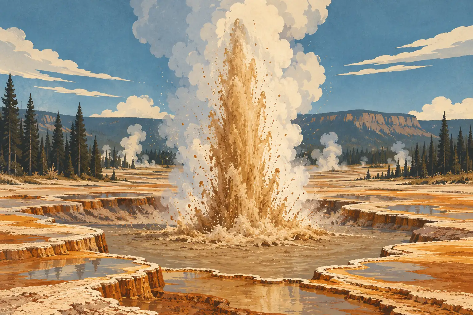 Una potente erupción de agua y lodo brota de una cuenca termal rodeada de terrazas minerales y árboles coníferos